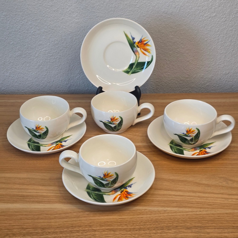 Santa Anita Ware Teacup/Saucer Set of 4 Flowers Of Hawaii Bird Of Paradise 1949
